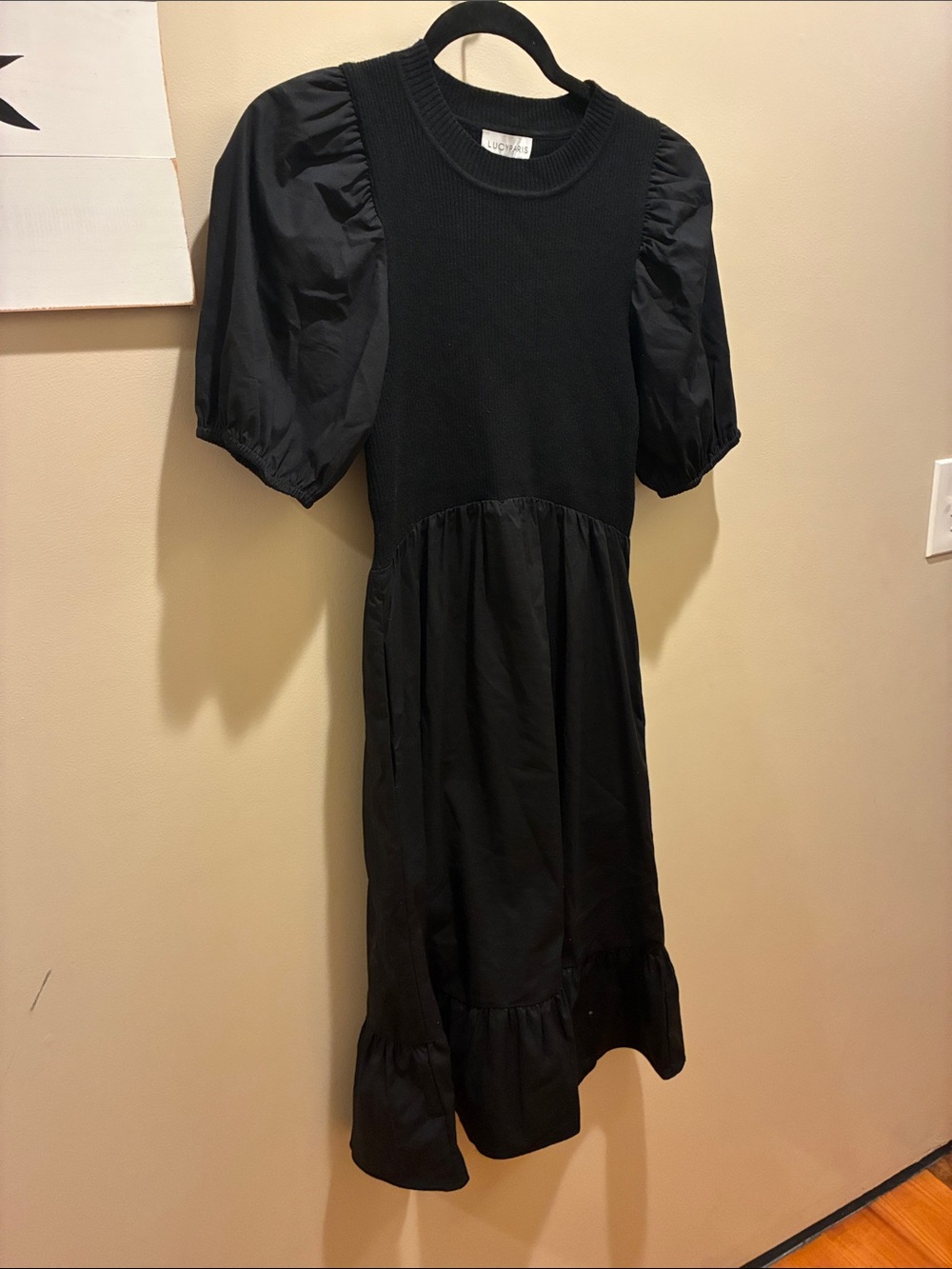 Lucy Paris Black Puff-Sleeve Ribbed Midi Dress